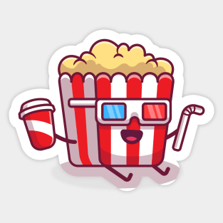 Cute Popcorn Holding Soda And Straw With 3D Movie Glasses Sticker